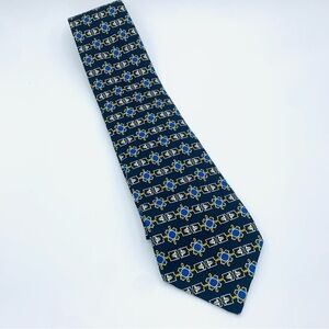 Vintage Fendi Silk Tie Navy Blue Gold Geometric Made in Italy